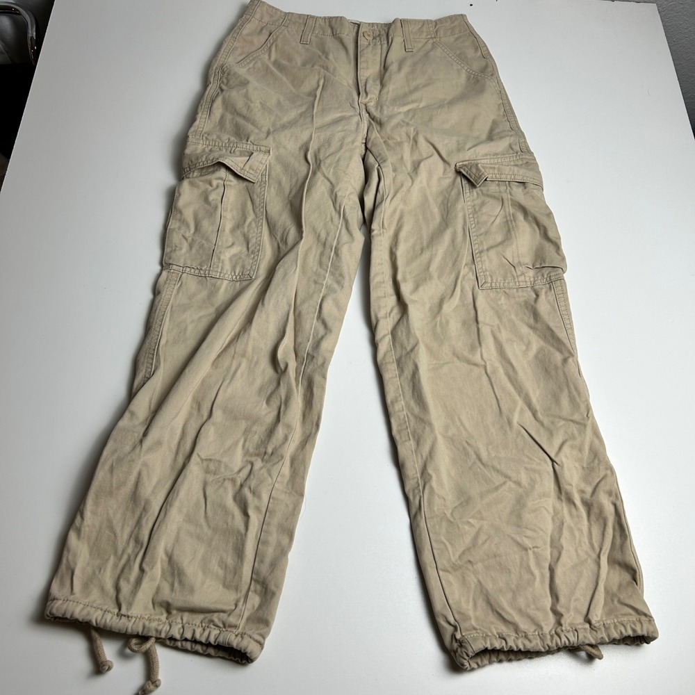 Levis 94 Baggy Cargo Pants Tan Khaki Wide Leg Drawstring Hem Womens 27 W27 L30